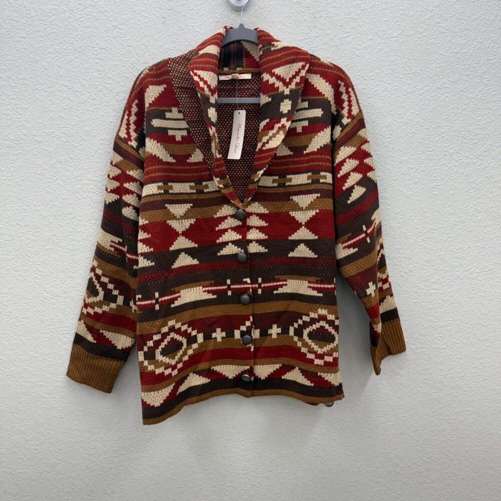 Magnolia Lane Aztec Southwestern Knit Button Cardigan Sweater Womens Large NEW